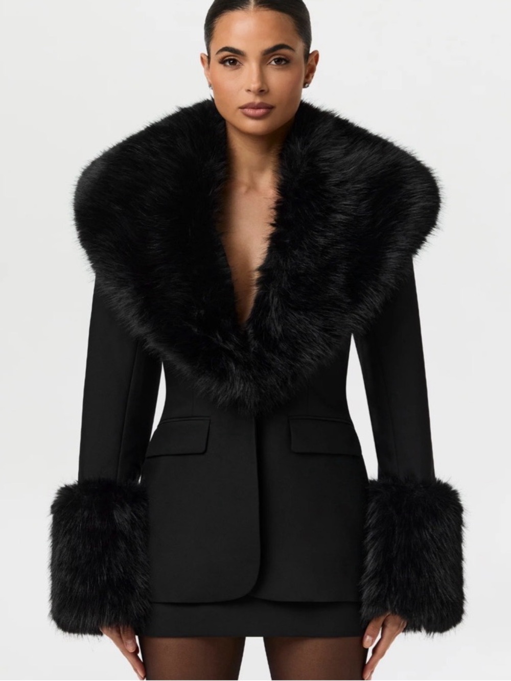 Naked Wardrobe Luxurious Faux Fur Trimmed Blazer Black
